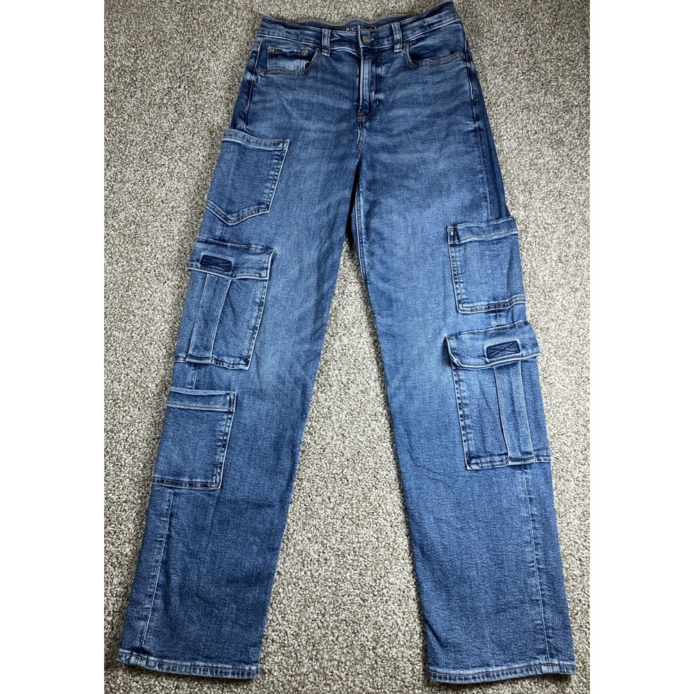 American Eagle Super High Rise Baggy Straight Cargo Blue Jeans Womens 2 Utility